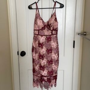Lulus, lace, pink and maroon, midi dress